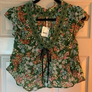 NWT Free People Green Floral Blouse